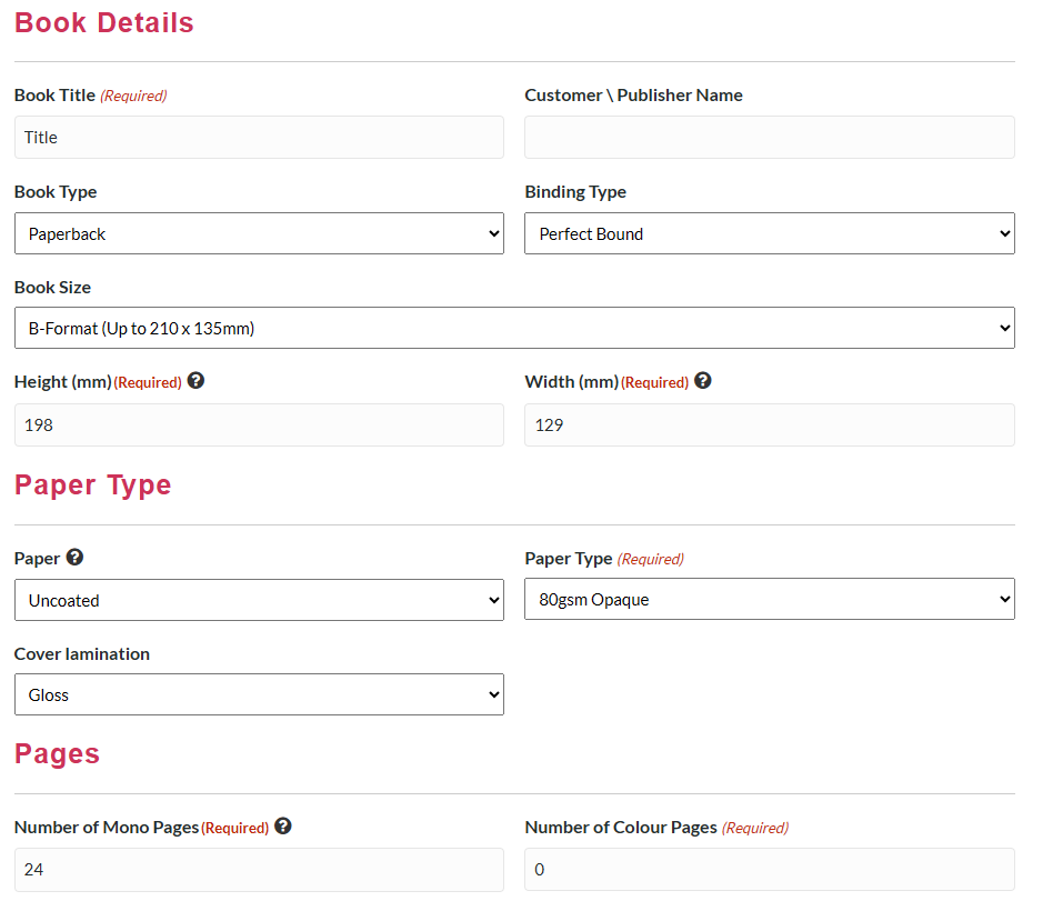 Online quote calculator for UK book printing