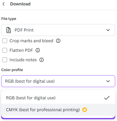Option in Canva for CMYK
