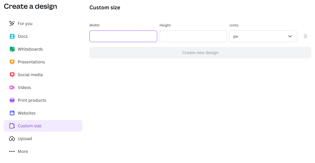 Showing custom size on Canva