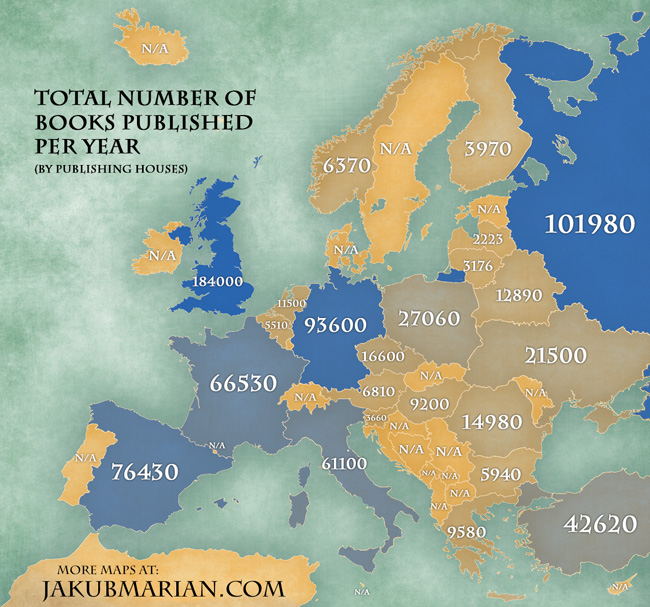 Number of books published per year per capita by country in Europe