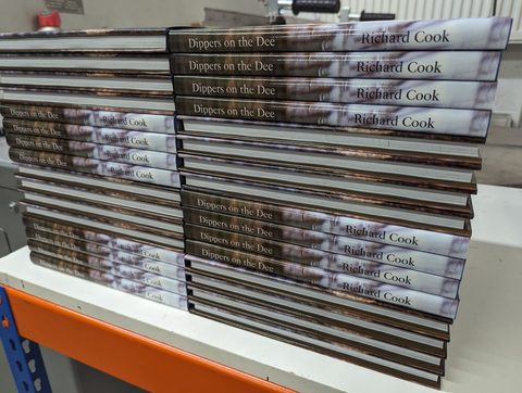 A short run of landscape-format hardbacks stacked in the bindery