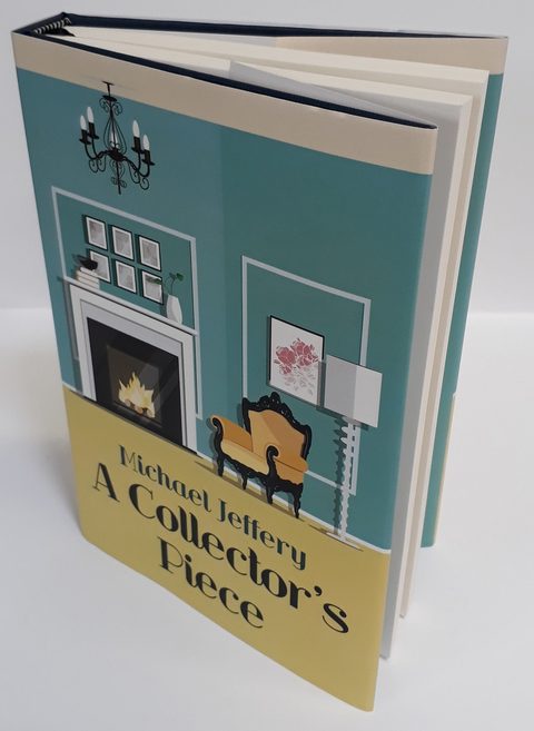 A cloth hardback standing half open in its full-colour dust jacket