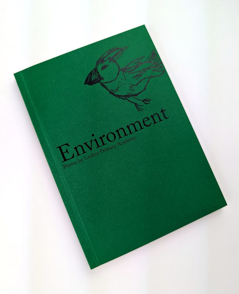 Environment poetry anthology with a green cover and a line drawing of a bird