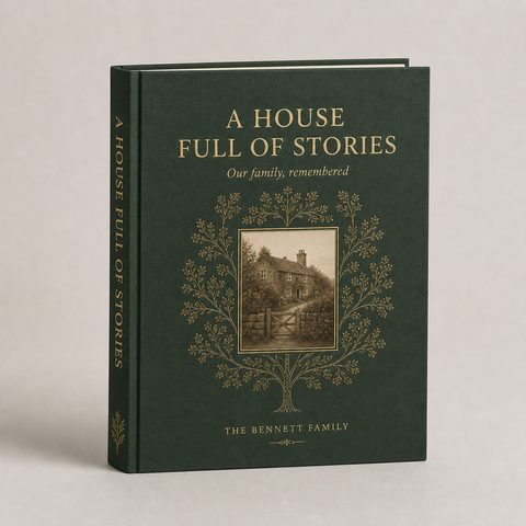 Illustrative family-history hardback, A House Full of Stories, with green cloth and gold lettering