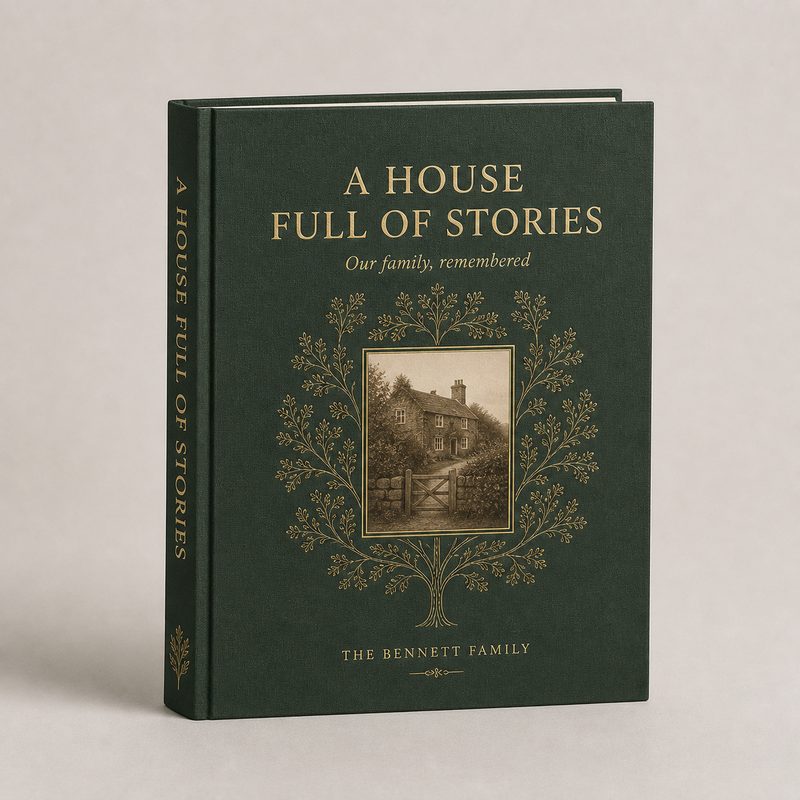 Illustrative family-history hardback, A House Full of Stories, with green cloth and gold lettering
