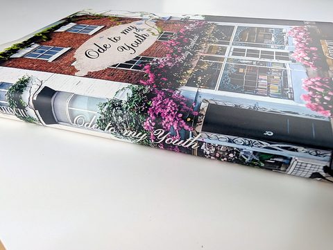 Close on a paperback spine: the cover image wrapping round the square perfect-bound spine