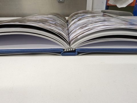 A cloth-cased photobook lying open flat