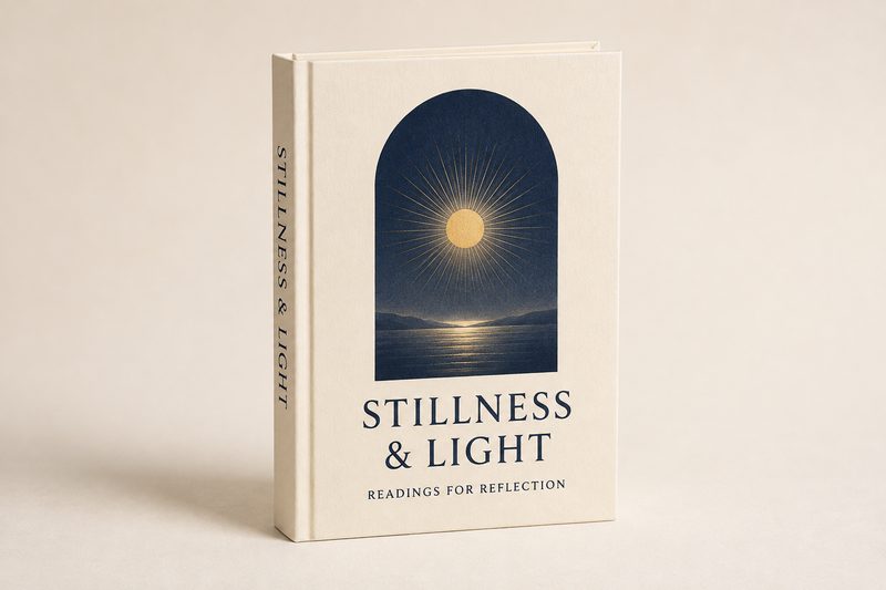 Illustrative Stillness and Light hardback with an ivory cover and navy arch design