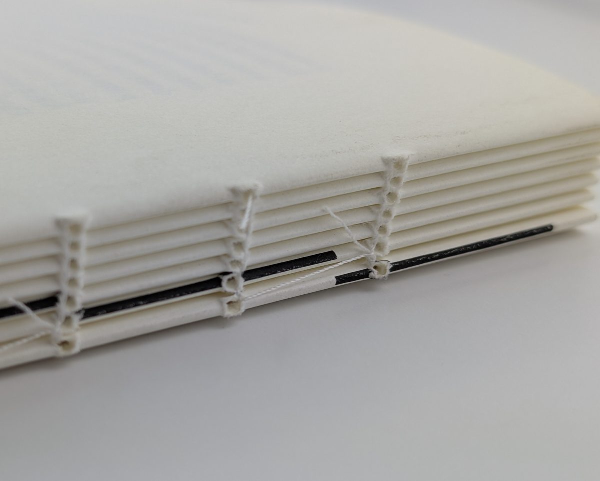 A thread-sewn spine, close: the signatures and the thread