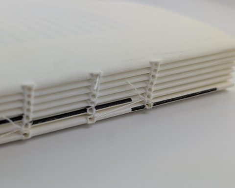 Close view of thread-sewn book construction