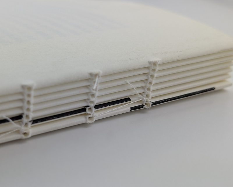 A thread-sewn book block on its side, the thread loops running along the spine