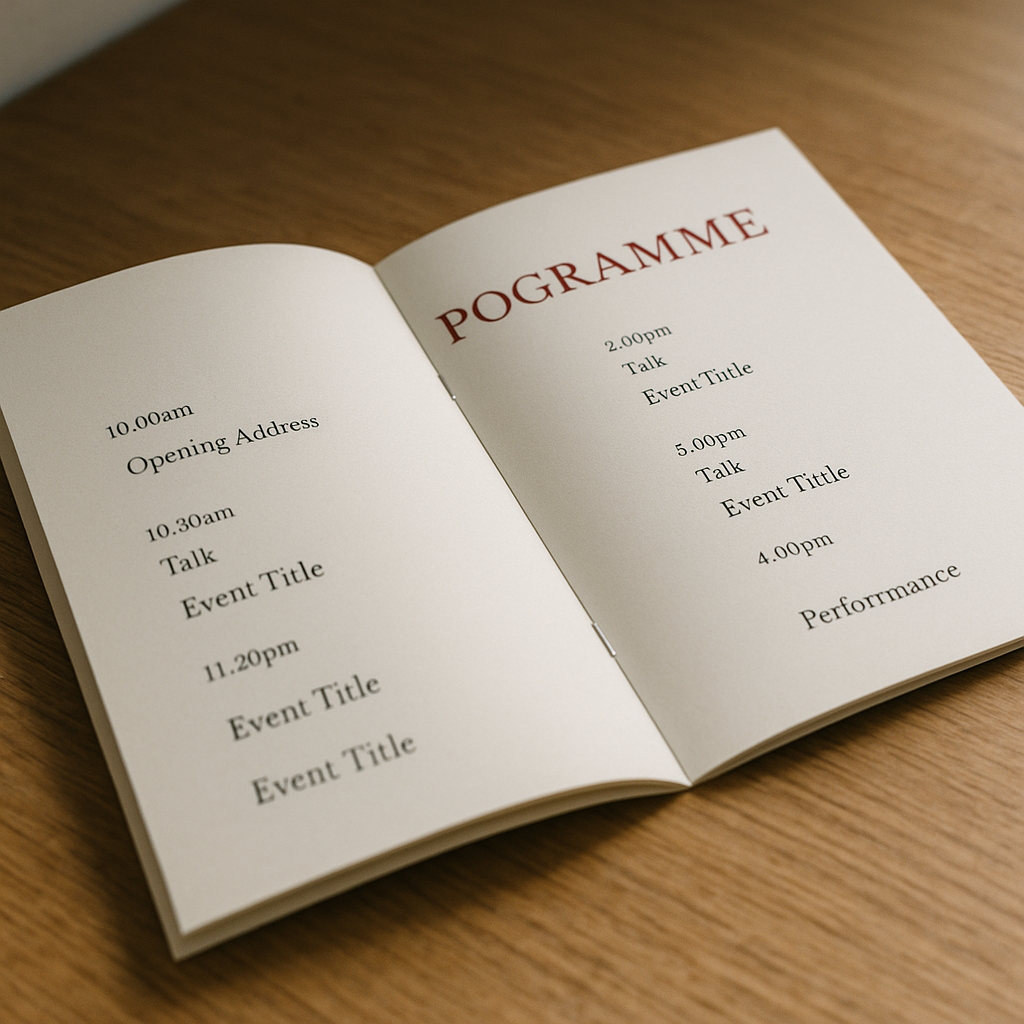 Open saddle-stitched booklet showing a programme spread