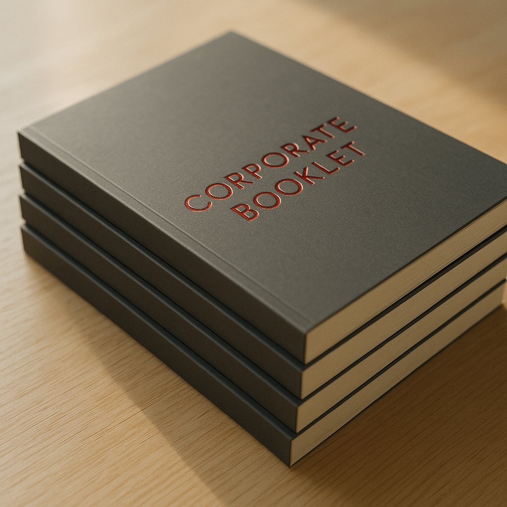 Stack of corporate booklets with foil-blocked covers