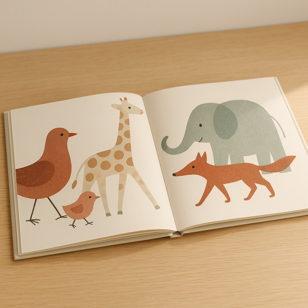 Open picture book lying flat showing a full-spread illustration