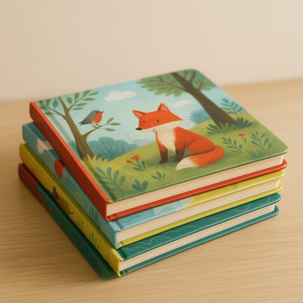 Stack of square hardback picture books with laminated covers