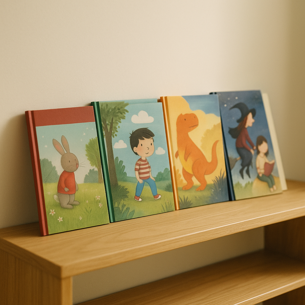 Child-height shelf of story books and early readers
