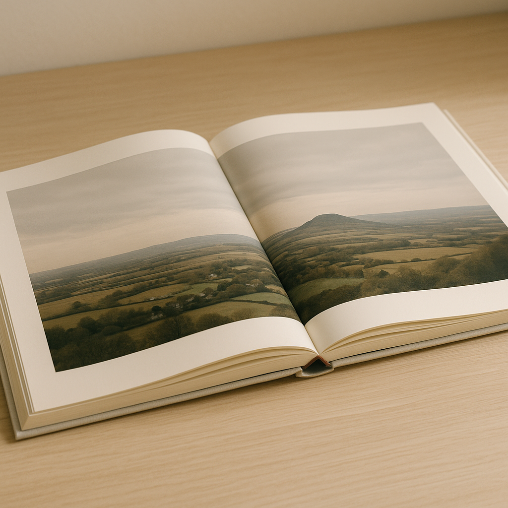 Open coffee-table book showing a panoramic photography spread