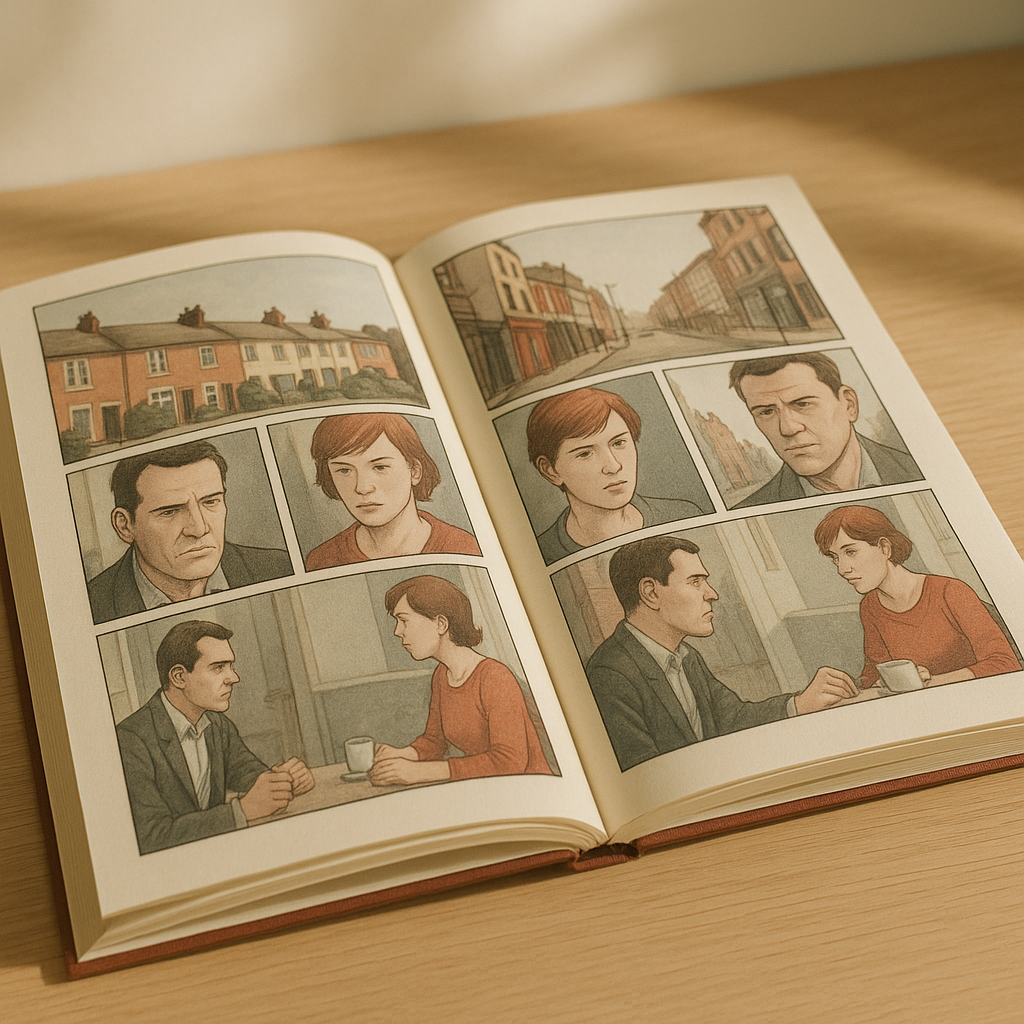 Open comic book spread showing colour panels