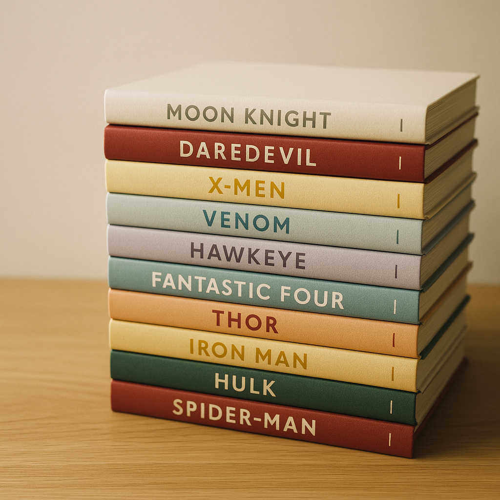 Stack of comic books showing colourful spines