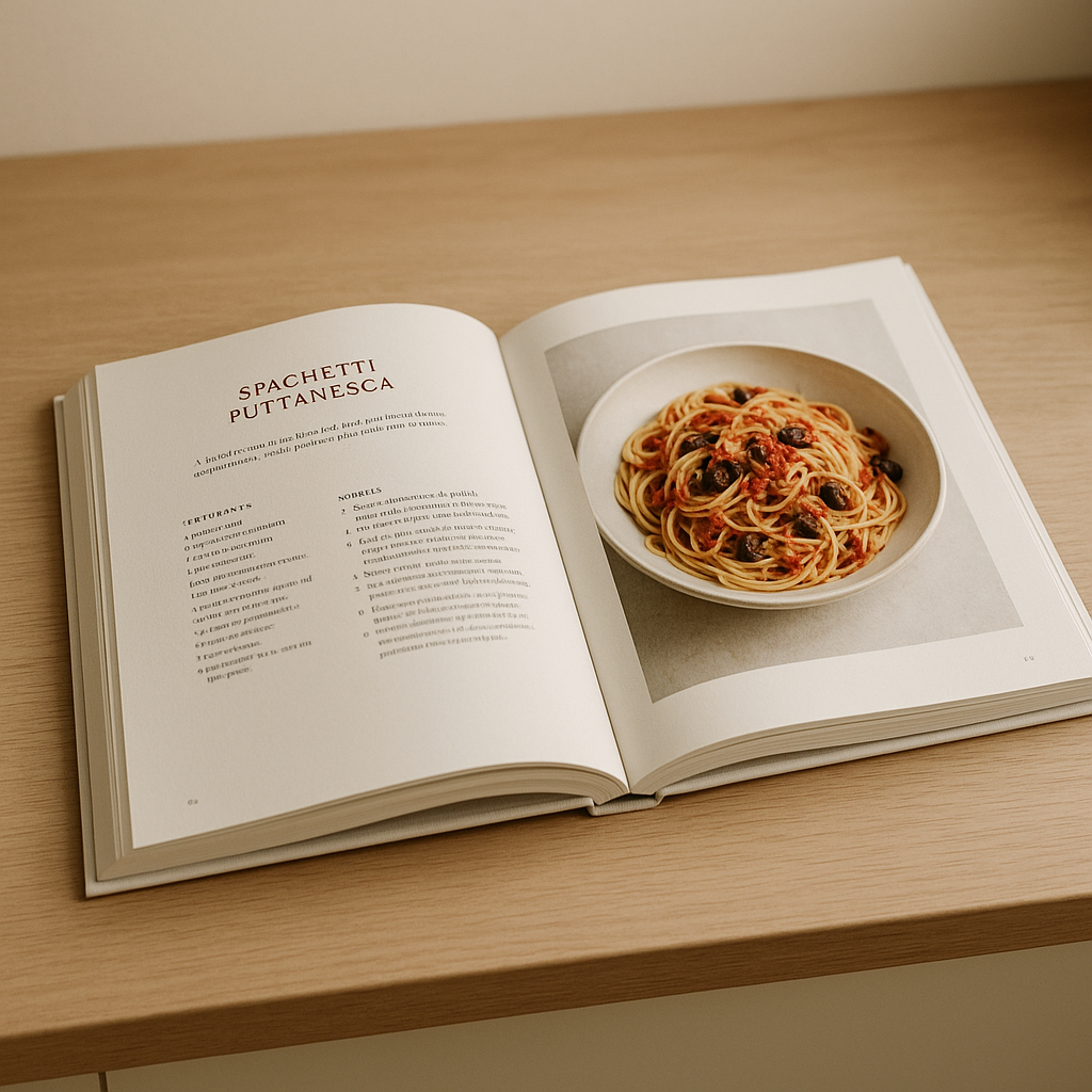 Open cookbook spread on a kitchen worktop, pages lying flat