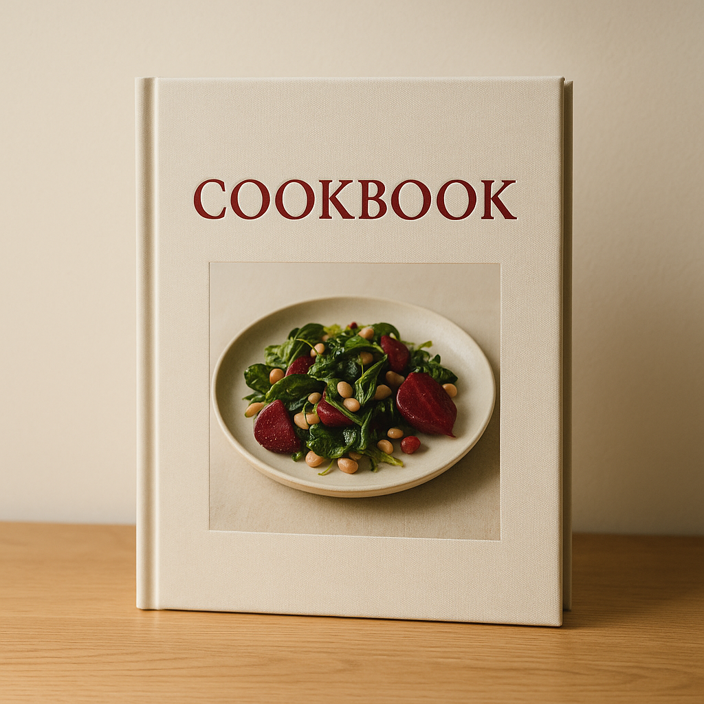 Hardback cookbook cover with foil-blocked title