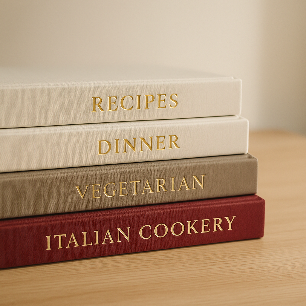 Stack of recipe books showing spines with foil blocking