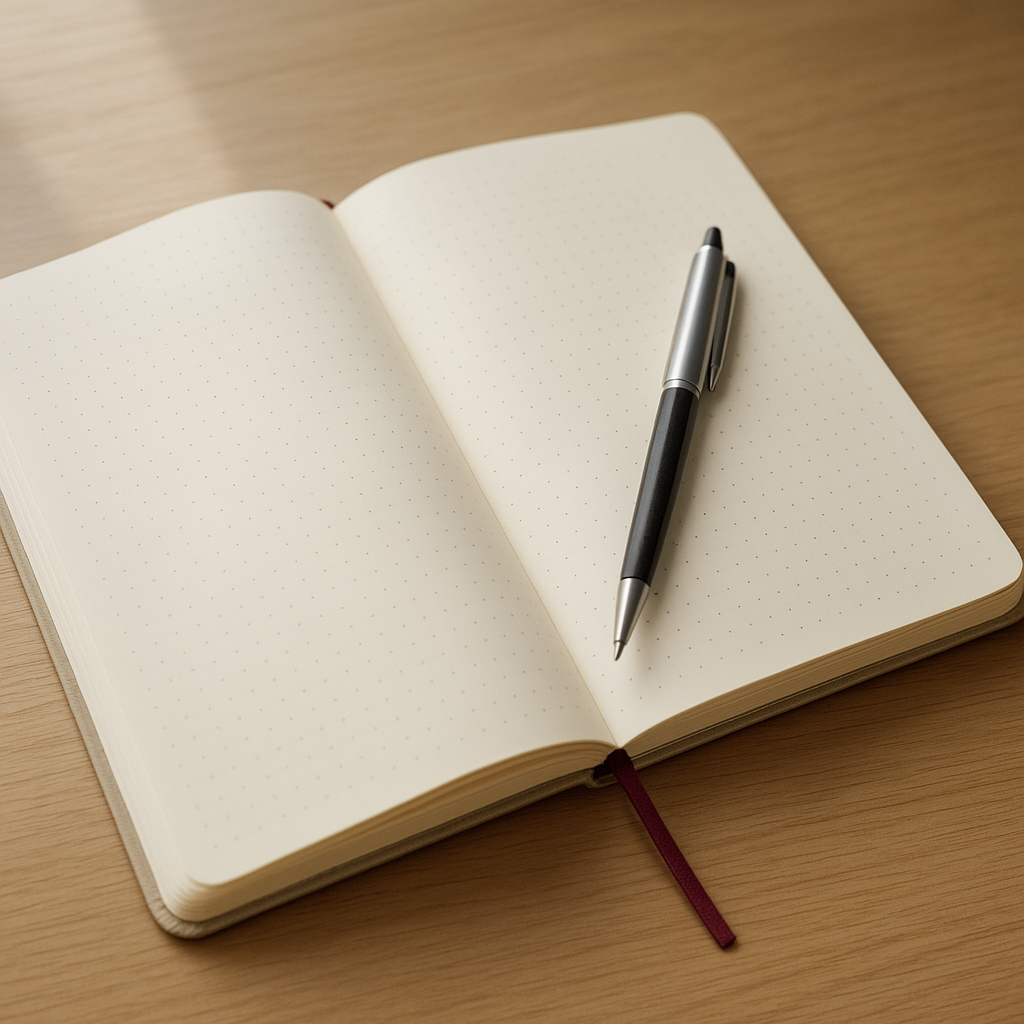 Open journal with pen, showing dotted-grid pages