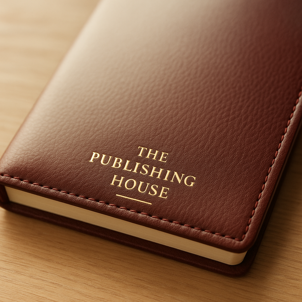 Detail of leather journal cover with foil-blocked logo