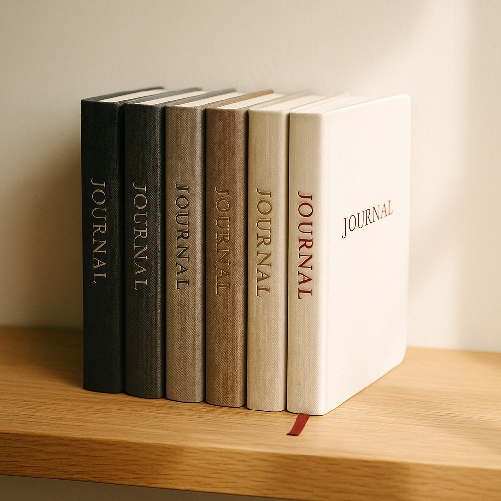 Row of branded journals on a shelf
