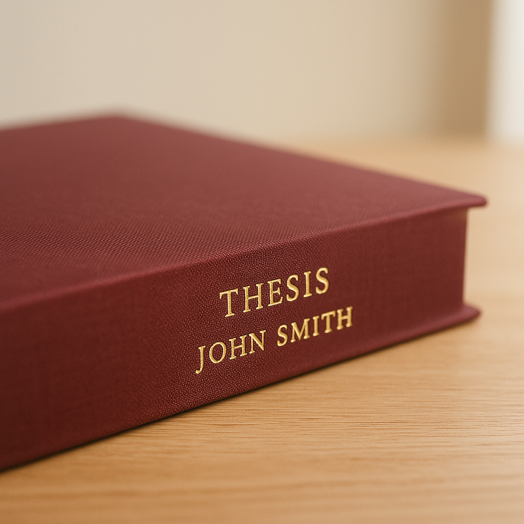 Hardback thesis spine with gold foil-blocked title and author