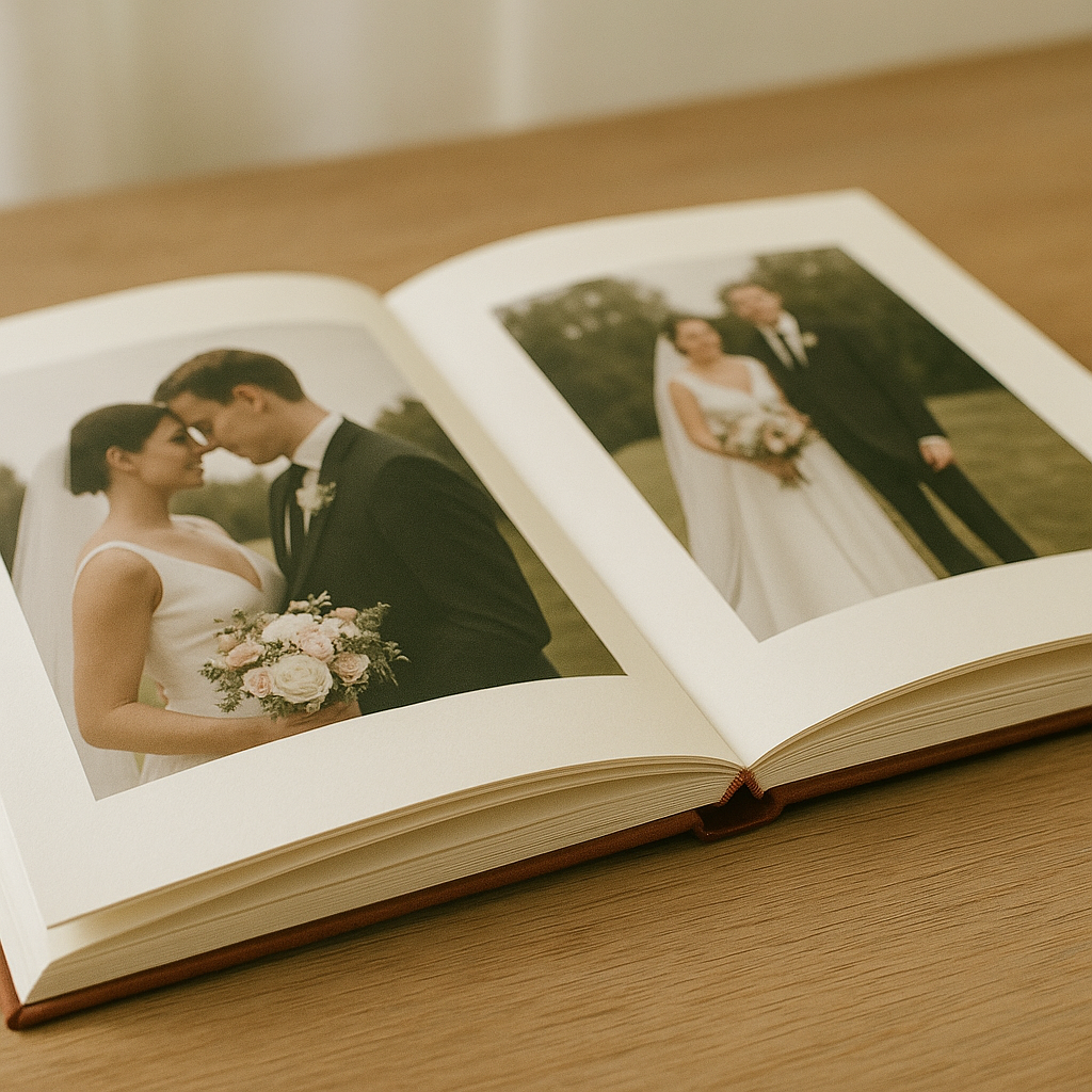 Open wedding book spread showing thread-sewn lay-flat binding