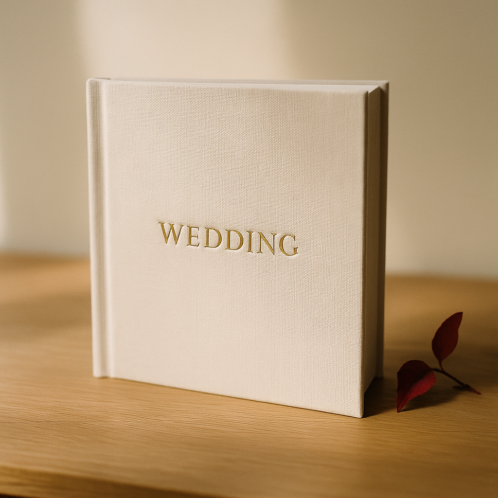 Cloth wedding book cover with foil-blocked title