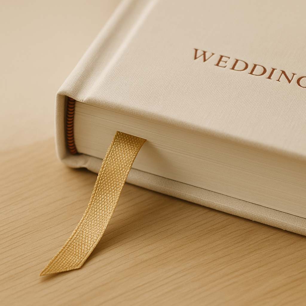 Detail of gilded ribbon marker and head band on a hardback wedding book