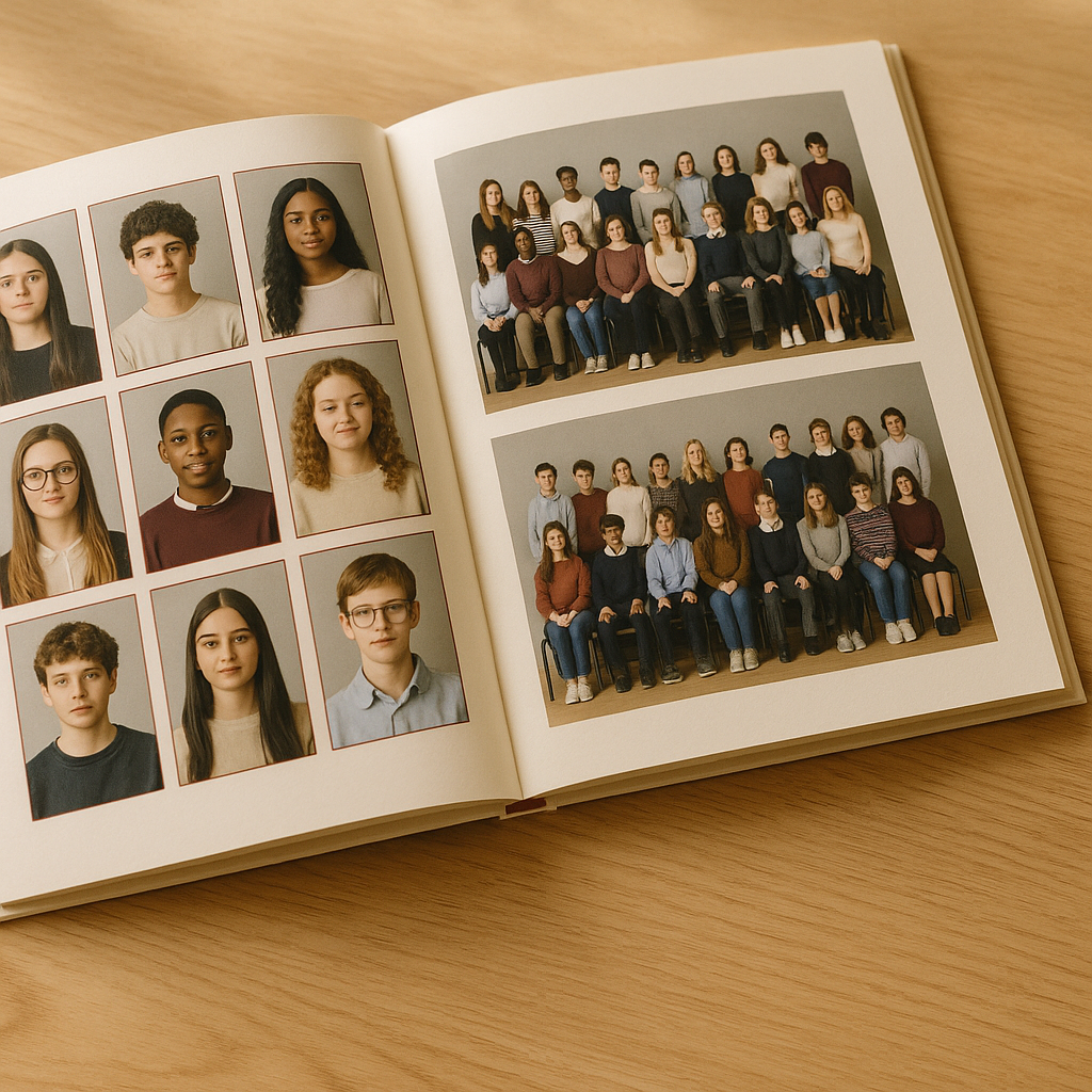 Yearbook spread showing student portraits and class photos