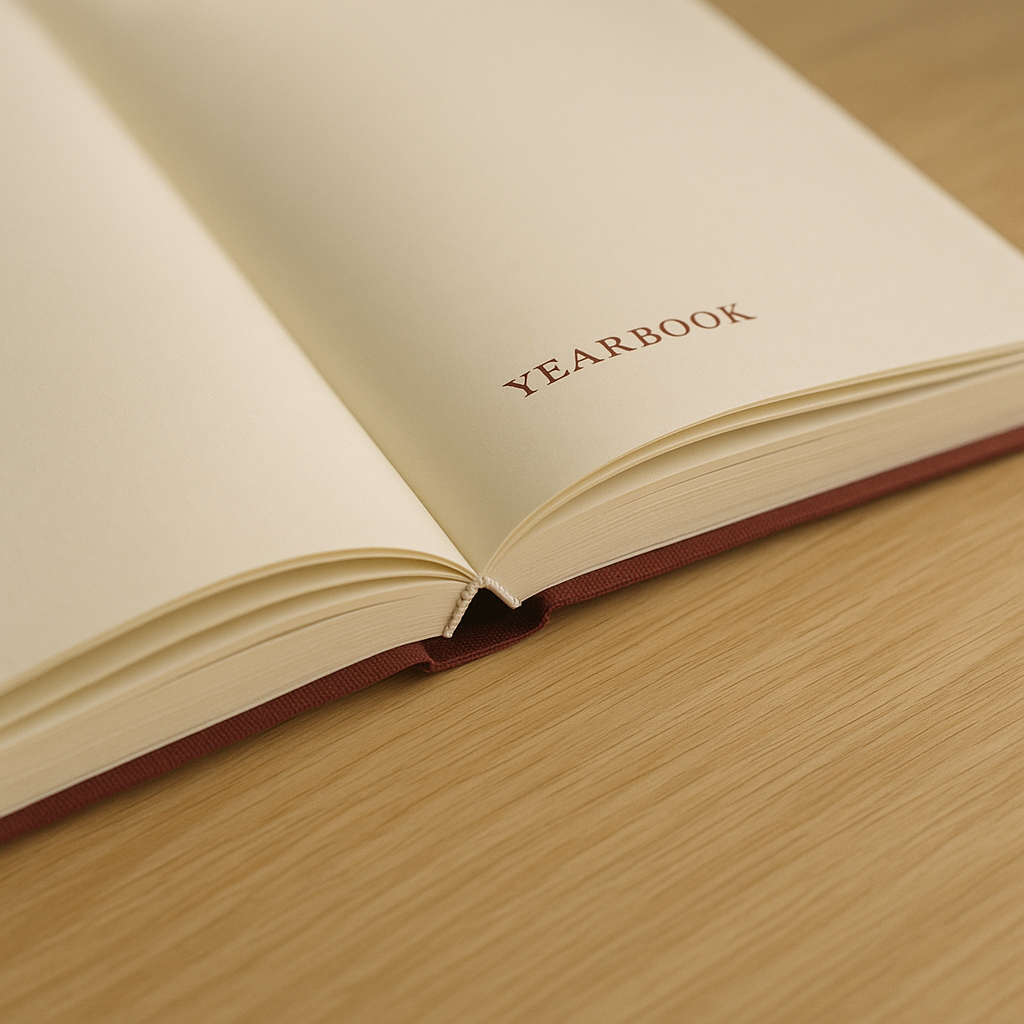 Open hardback yearbook showing thread-sewn lay-flat binding