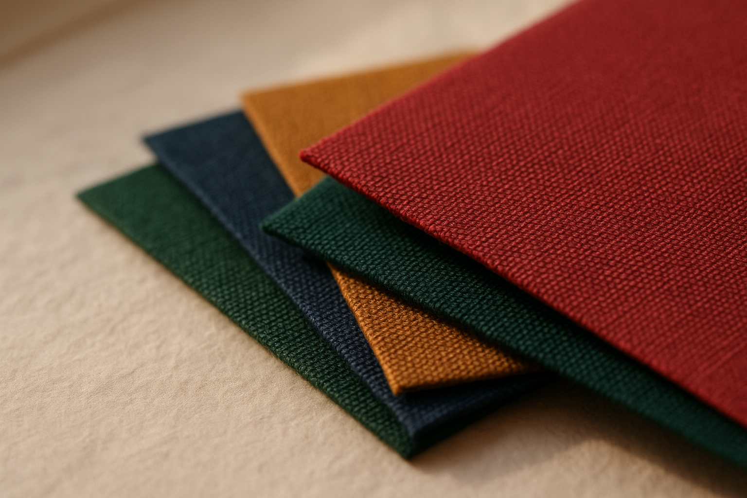 Wibalin and buckram bookcloth swatches in a range of colours with foil-blocked spine titles
