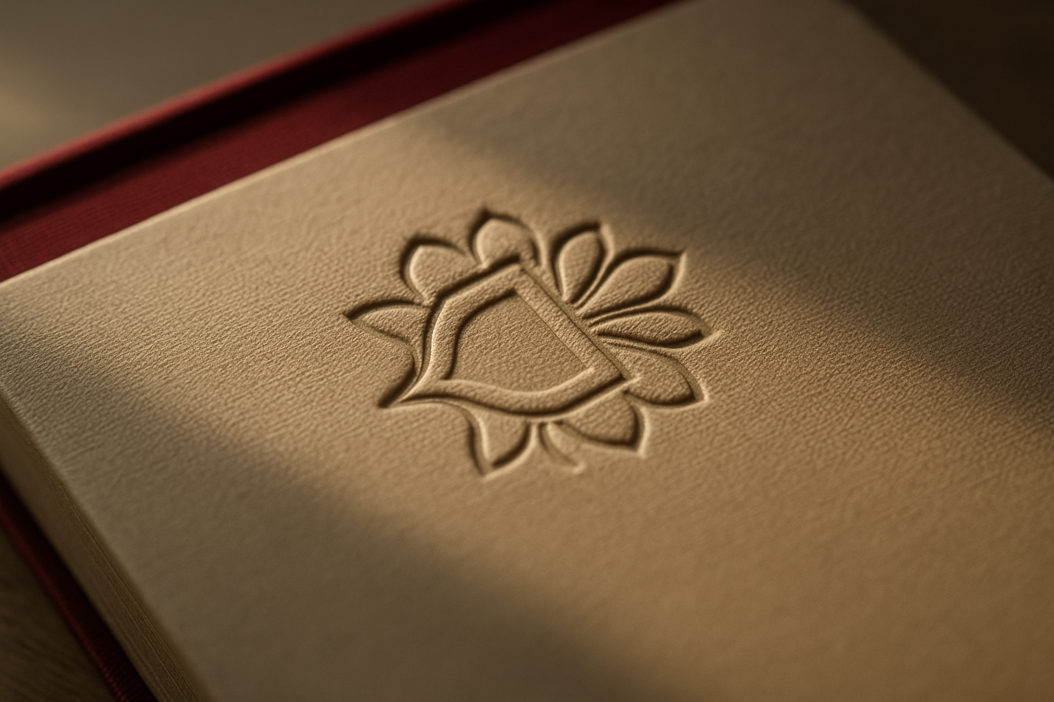Embossed cover detail on a hardback book, raised from a custom die