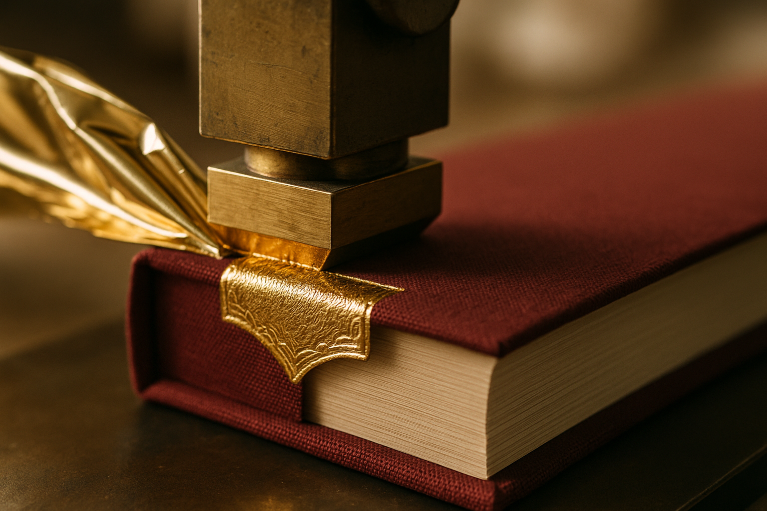Gold foil blocking being applied to a cloth hardback spine