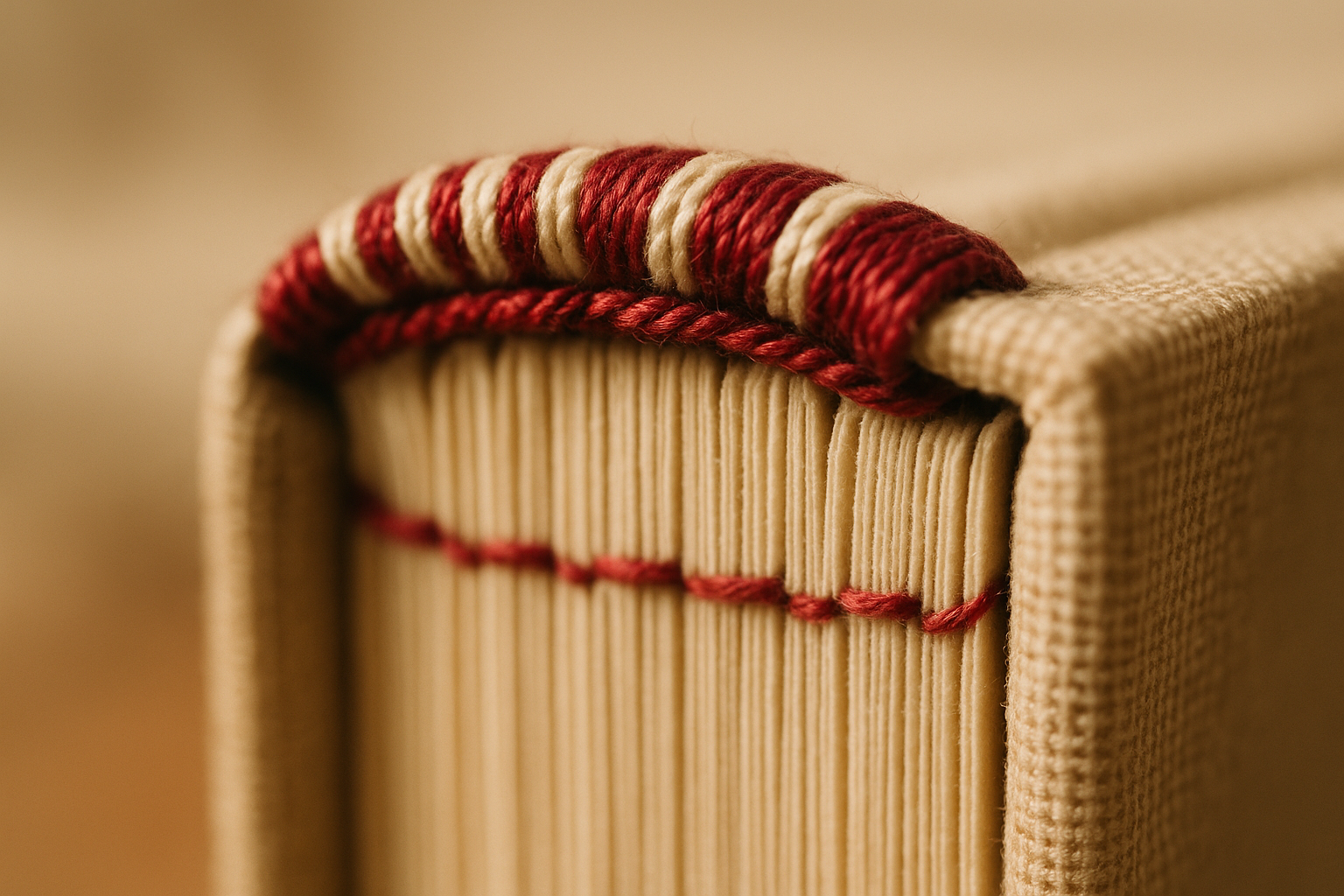 Coloured head and tail bands at the spine ends of a thread-sewn hardback