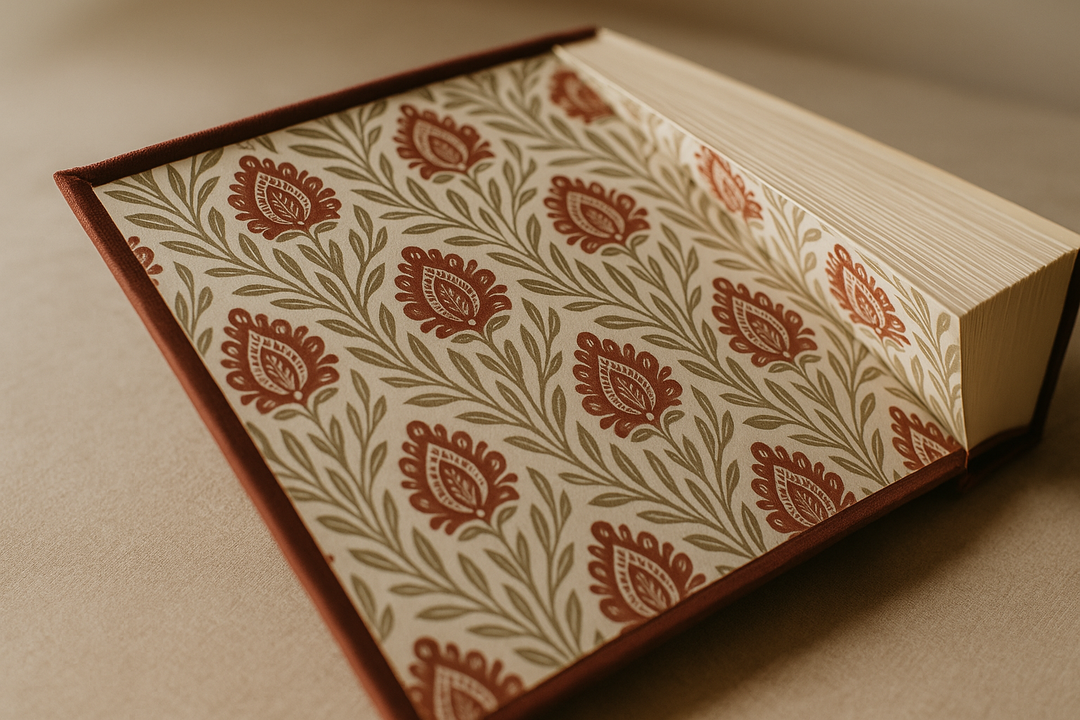 Full-colour printed endpapers inside the front board of a hardback