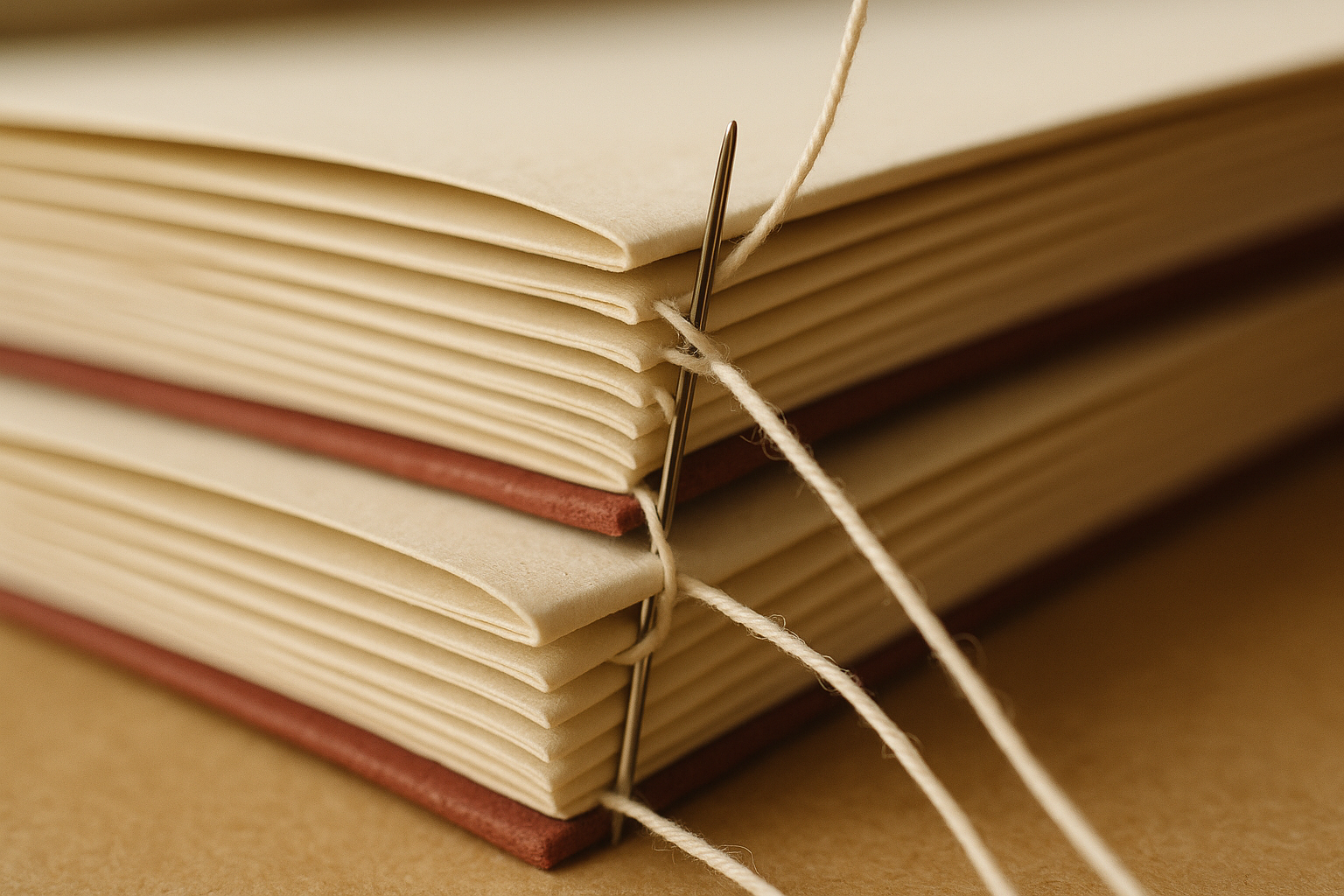 Folded signatures being thread-sewn together — linen thread passing through every spine fold