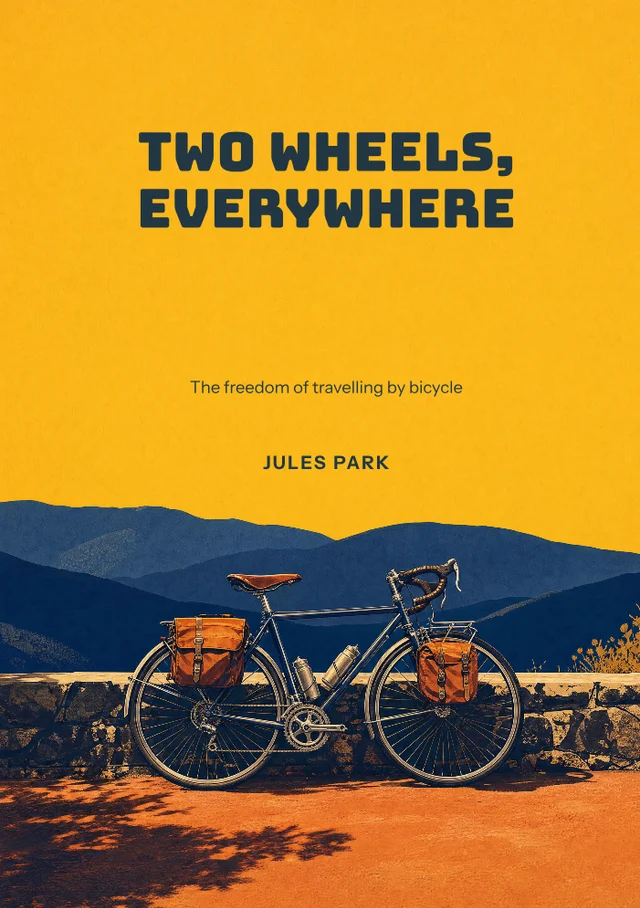 Two Wheels, Everywhere, premade Nonfiction · Bicycle travel book cover